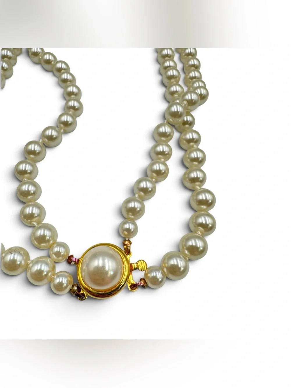 Vintage Double Strand Warm Cream Glass Shell Imitation Pearl Necklace 19”
